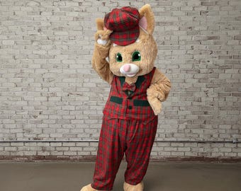 Mascota de gato pelirrojo caballero, personaje de gatito a cuadros rojos con gorra, disfraz de gato profesional de talla única, disfraz de animador de fiesta de cumpleaños para niños.