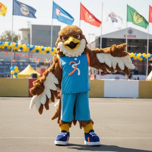 May include: A brown and white eagle mascot costume featuring a blue athletic tank top with an orange graphic logo and matching blue shorts. The mascot has a yellow beak, brown fur, white wing feathers, and blue sneakers with orange accents.