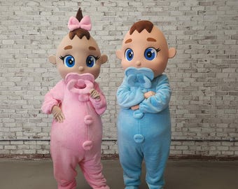 Disfraces de mascota para bebés (niño y niña) para adultos, trajes de peluche para revelación de género, atuendos profesionales de personajes para recién nacidos, par de disfraces para animadores de baby shower.