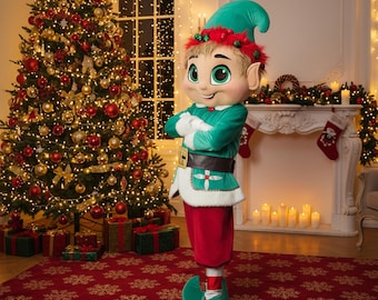 Disfraz de mascota de elfo navideño para adultos, traje profesional de personaje navideño, atuendo de ayudante de Santa Claus, mascota festiva de animador.