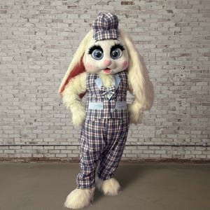 May include: A full-body shot of a person in a white and blue plaid bunny costume. The costume includes a matching hat, vest, and pants. The bunny has large blue eyes, long eyelashes, and fluffy white fur.