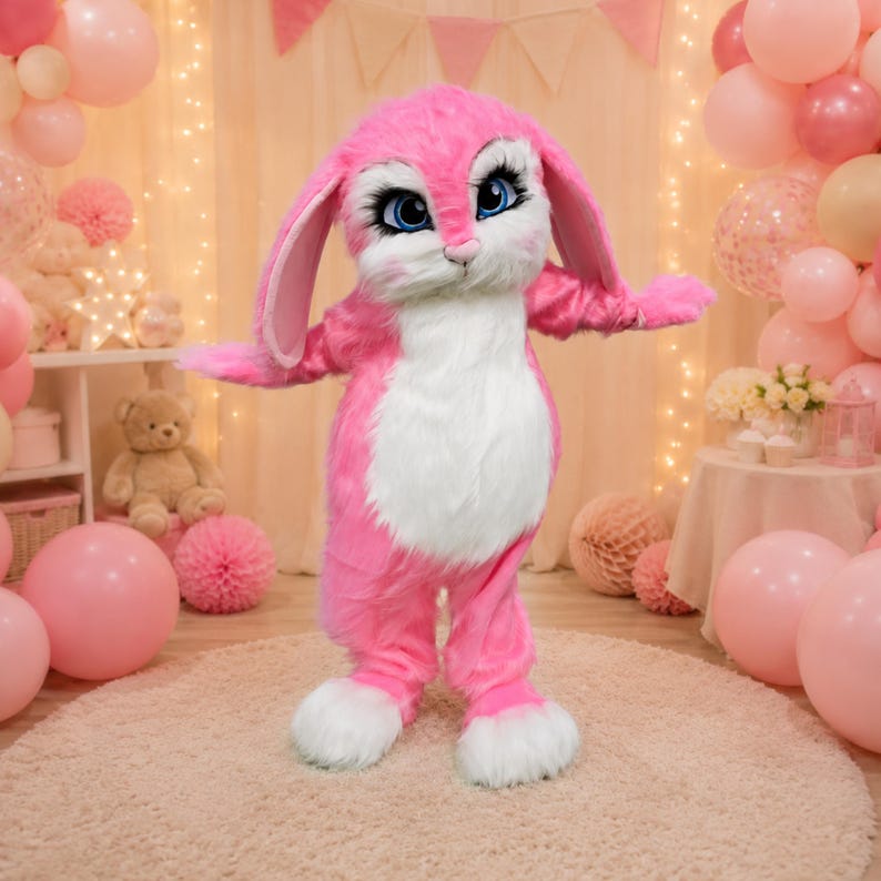 Custom Pink Bunny Mascot Suit, Cute Easter Rabbit Costume for Family ...