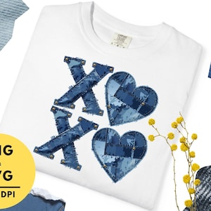 May include: White t-shirt featuring denim-style "XOXO" design. The design includes two "X" letters and two heart shapes, all made from patchwork denim. The shirt also has the text "PNG & SVG 300 DPI" in a yellow circle.