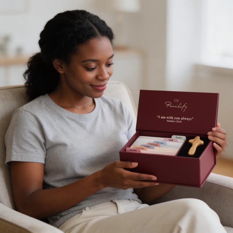 K&ouml;nnte beinhalten: Eine tiefrote rechteckige Schachtel mit Klappdeckel, die den Text Pacilify und I am with you always Matthew 28:20 tr&auml;gt. Im Inneren befinden sich mehrere Registerkarten und ein kleines helles Holzkreuz in einem schwarzen Schaumstoffeinsatz.