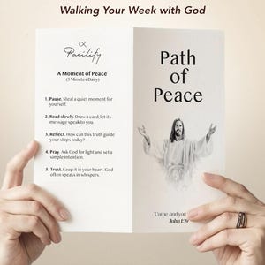 K&ouml;nnte beinhalten: Ein wei&szlig;es Informationsblatt mit dem Titel Walking Your Week with God und Path of Peace. Der Text enth&auml;lt A Moment of Peace, f&uuml;nf Schritte zur t&auml;glichen Reflexion, eine Abbildung einer Figur mit erhobenen Armen und den Text John 1:39.