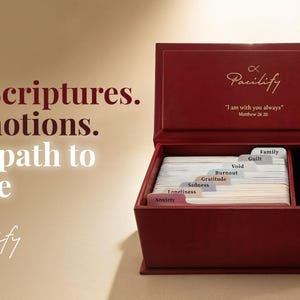 K&ouml;nnte beinhalten: Eine dunkelrote rechteckige Box mit offenem Deckel, die einen Satz organisierter Karten mit Registern enth&auml;lt, die mit Anxiety, Loneliness, Sadness, Gratitude, Burnout, Void, Guilt und Family beschriftet sind, sowie ein kleines Holzkreuz. Der Text lautet 150 Scriptures. 8 Emotions. One path to peace und Pacilify.