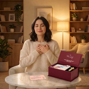 K&ouml;nnte beinhalten: Eine kastanienbraune rechteckige Schachtel mit dem Text Pacify und I am with you always Matthew 28:20 auf dem Deckel. Im Inneren befinden sich mehrere bunte Registerkarten und ein kleines Holzkreuz. Eine rosa Karte mit Text liegt auf dem Tisch.
