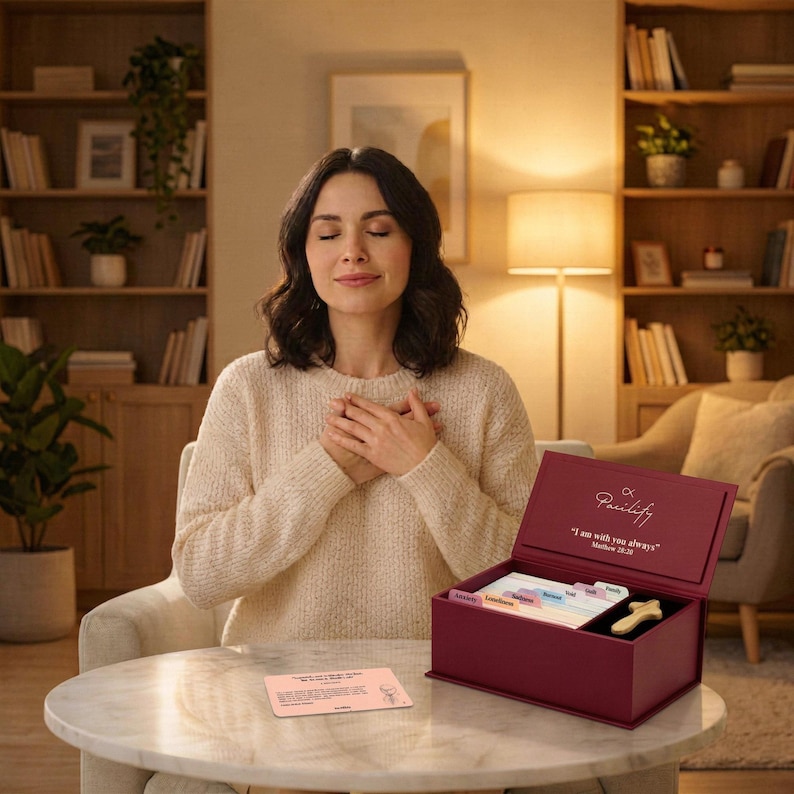 K&ouml;nnte beinhalten: Eine kastanienbraune rechteckige Schachtel mit dem Text Pacify und I am with you always Matthew 28:20 auf dem Deckel. Im Inneren befinden sich mehrere bunte Registerkarten und ein kleines Holzkreuz. Eine rosa Karte mit Text liegt auf dem Tisch.