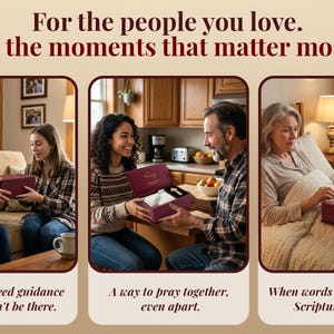 K&ouml;nnte beinhalten: Eine kastanienbraune Geschenkbox mit einem Holzkreuz und einem wei&szlig;en Tuch, dargestellt in drei verschiedenen Umgebungen mit dem Text: For the people you love. In the moments that matter most. When they need guidance and you can't be there. A way to pray together, even apart. When words aren't enough, Scripture speaks.