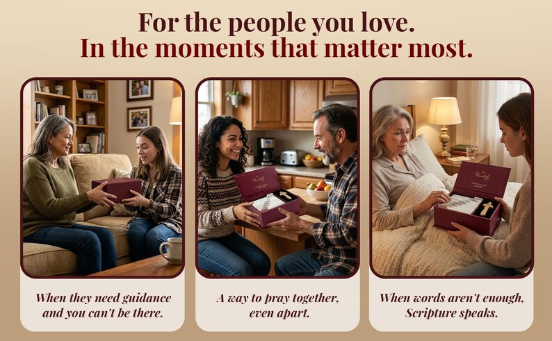 K&ouml;nnte beinhalten: Eine kastanienbraune Geschenkbox mit einem Holzkreuz und einem wei&szlig;en Tuch, dargestellt in drei verschiedenen Umgebungen mit dem Text: For the people you love. In the moments that matter most. When they need guidance and you can't be there. A way to pray together, even apart. When words aren't enough, Scripture speaks.