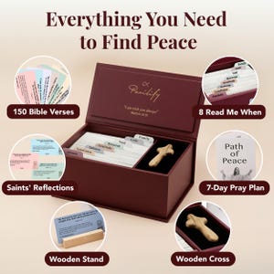 K&ouml;nnte beinhalten: Eine dunkelrote Box mit 150 Bibelverskarten, 8 'Read Me When'-Registern, einem Holzkreuz und einem Holzst&auml;nder. Der Deckel tr&auml;gt den Text 'Pacilify' und 'I am with you always Matthew 28:20'. Die Karten enthalten 'Path of Peace' und Reflexionen.