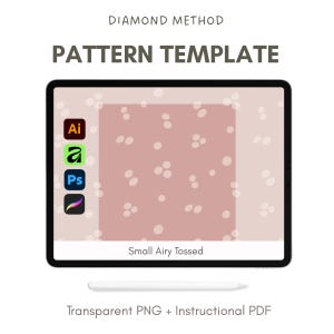 May include: A digital pattern template on a tablet, featuring a pink background with white dot clusters. The template includes icons for Adobe Illustrator, Adobe Animate, Adobe Photoshop, and Procreate. Text reads "Small Airy Tossed" and "Transparent PNG + Instructional PDF".