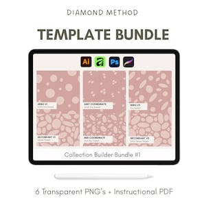 May include: A digital template bundle displayed on a tablet. The screen shows six design templates with a pink and white color scheme. The text "TEMPLATE BUNDLE" is at the top. Includes 6 transparent PNGs and an instructional PDF.