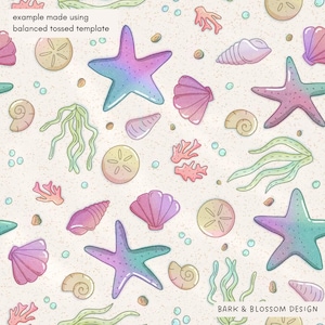 May include: A seamless pattern featuring various sea elements. The design includes colorful starfish, seashells, coral, and seaweed, all set against a sandy background. The text "example made using balanced tossed template" is visible.
