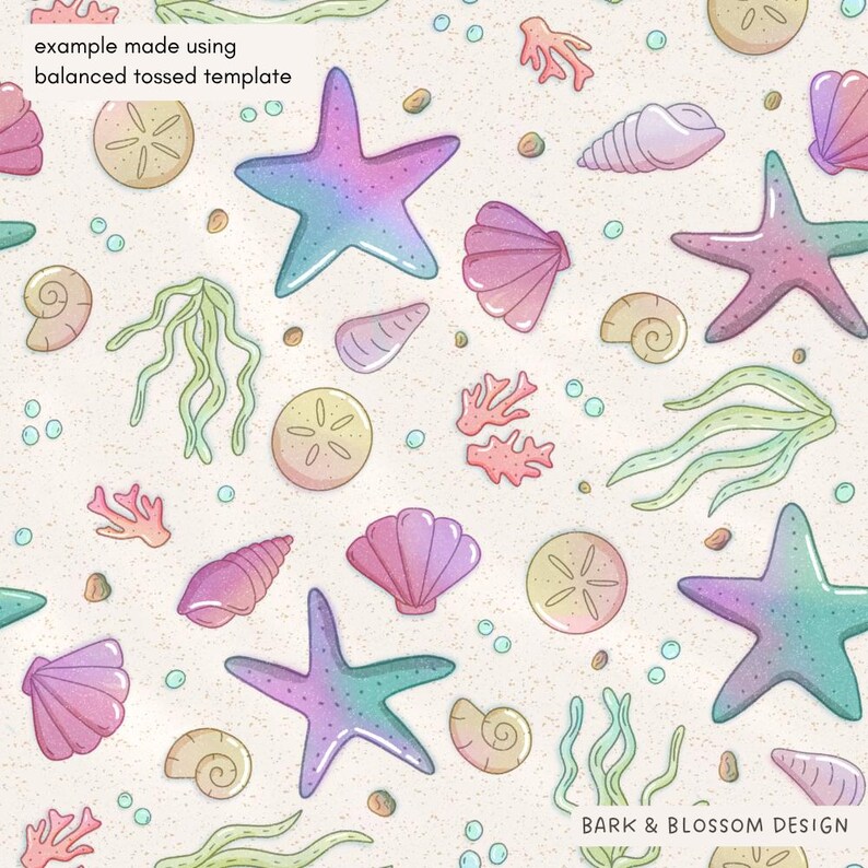 May include: A seamless pattern featuring various sea elements. The design includes colorful starfish, seashells, coral, and seaweed, all set against a sandy background. The text "example made using balanced tossed template" is visible.