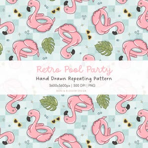 Patrón sin costuras para fiesta en la piscina retro / Patrón repetitivo de flamencos flotantes / Hoja de monstera, gafas de sol con forma de corazón