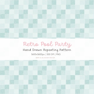 May include: A repeating pattern design featuring a grid of light blue and white squares with a speckled texture. The text "Retro Pool Party" is displayed in pink script, along with details about the pattern's origin and specifications.