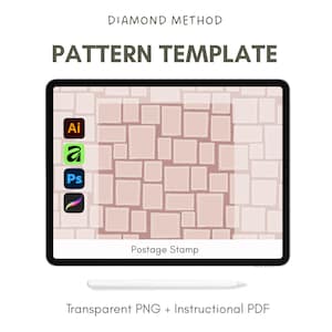 Può includere: Un modello di motivo digitale su un tablet, con un design di francobollo in tonalità rosa. Lo schermo mostra il testo "PATTERN TEMPLATE" e "Postage Stamp". Include icone per Adobe Illustrator, Affinity Designer, Photoshop e Procreate.