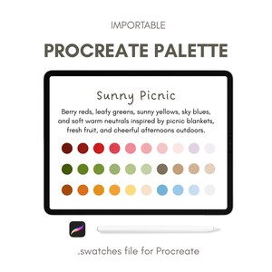 May include: A digital Procreate palette titled "Sunny Picnic" with a color scheme of berry reds, leafy greens, sunny yellows, and sky blues. The palette is displayed on a tablet screen, with a stylus below. Text reads "IMPORTABLE PROCREATE PALETTE".