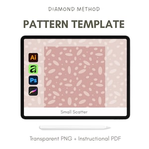 Op de afbeelding: Een digitaal patroonsjabloon op een tablet. Het scherm toont een roze en wit gespikkeld ontwerp met de tekst "Small Scatter". De tekst bovenaan luidt "Diamond Method Pattern Template". Software-pictogrammen zijn zichtbaar.