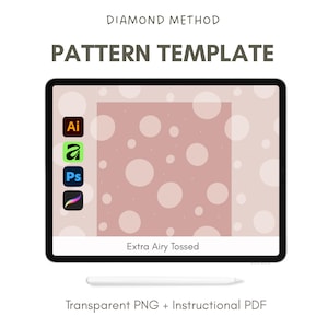 May include: A digital pattern template on a tablet, featuring a pink background with white polka dots. The text "PATTERN TEMPLATE" is displayed at the top. The image includes software icons for Adobe Illustrator, Affinity Designer, Photoshop, and Procreate. The text "Extra Airy Tossed" is also visible.