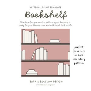 Puede incluir: Una plantilla de diseño de patrón con un diseño de estantería. La imagen muestra tres estantes con pilas de libros en blanco y marrón. El texto "Bookshelf" se muestra en una fuente elegante. El diseño es en tonos de blanco, marrón y rosa.