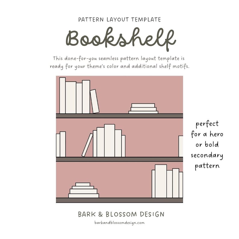 以下が含まれることがあります： 本棚のデザインが施されたパターンレイアウトテンプレート。画像には、白と茶色の本の山が置かれた3つの棚が表示されています。「Bookshelf」というテキストがスタイリッシュなフォントで表示されています。デザインは白、茶色、ピンクの色合いです。
