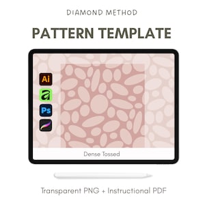 Könnte beinhalten: Eine digitale Muster-Vorlage auf einem Tablet. Der Bildschirm zeigt ein Design aus hellrosa ovalen Formen auf rosa Hintergrund. Die Texte „PATTERN TEMPLATE“ und „Dense Tossed“ sind sichtbar. Software-Symbole befinden sich auf der linken Seite.