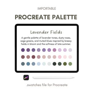 May include: A digital Procreate palette titled "Lavender Fields" displayed on a tablet. The palette features a range of colors including lavender, dusty rose, sage green, and muted blue. The text reads "Importable Procreate Palette".