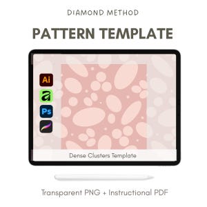Può includere: Un modello di pattern digitale visualizzato su un tablet. Lo schermo mostra uno sfondo rosa con forme ovali e circolari bianche. Il testo "PATTERN TEMPLATE" è in alto, con icone software a sinistra. Il testo "Dense Clusters Template" è in basso.
