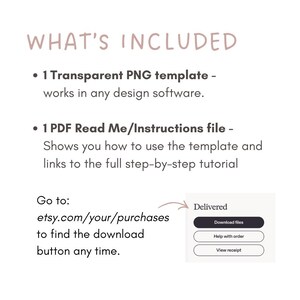 May include: A digital product image with text that reads "WHAT'S INCLUDED." The image lists a transparent PNG template and a PDF instructions file. It also directs users to etsy.com/your/purchases to download files.