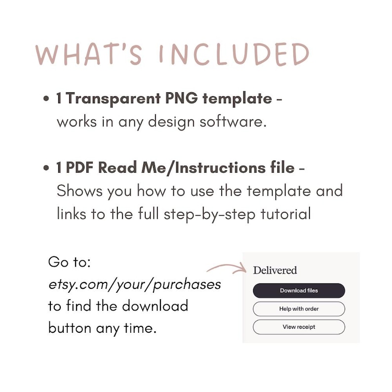 May include: A digital product image with text that reads "WHAT'S INCLUDED." The image lists a transparent PNG template and a PDF instructions file. It also directs users to etsy.com/your/purchases to download files.