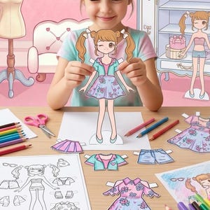 May include: A child holds a paper doll wearing a floral skirt and teal jacket. Paper clothing items, including skirts, jackets, and shorts, are on the table, alongside coloured pencils and scissors. A second paper doll stands nearby.
