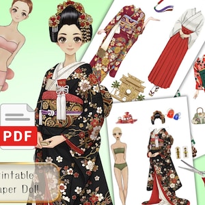 Coleção de bonecas de papel Kimono Girl, imprimíveis para vestir em estilo kawaii (download digital)