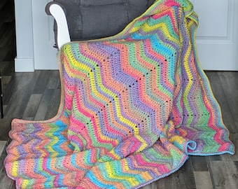 Tropical Rainbow Hot Pink, Parrot Blue, Amethyst Purple, Lemon, Orange Orange, Guava Green and Turquoise Really Soft Fireside Afghan