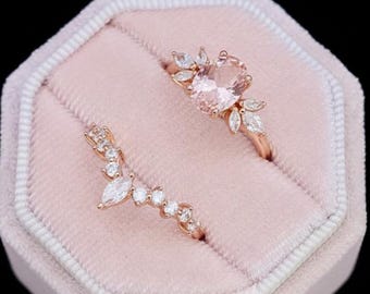 Morganite Spinel Ring Set, Rose Gold Sterling Silver Promise Ring