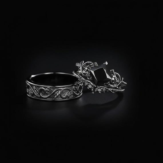 Gothic Black Onyx Couple Rings, Sterling Silver Wedding Band Set