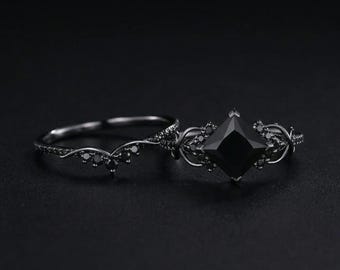 Princess Cut Black Onyx Ring, Sterling Silver Engagement Proposal Ring