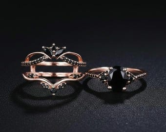 Black Onyx Engagement Ring Set, Rose Gold Leaf Branch, Sterling Silver