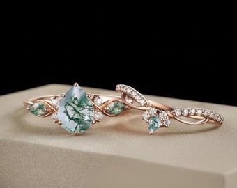 Pear Moss Agate Engagement Ring Set, Rose Gold Sterling Silver