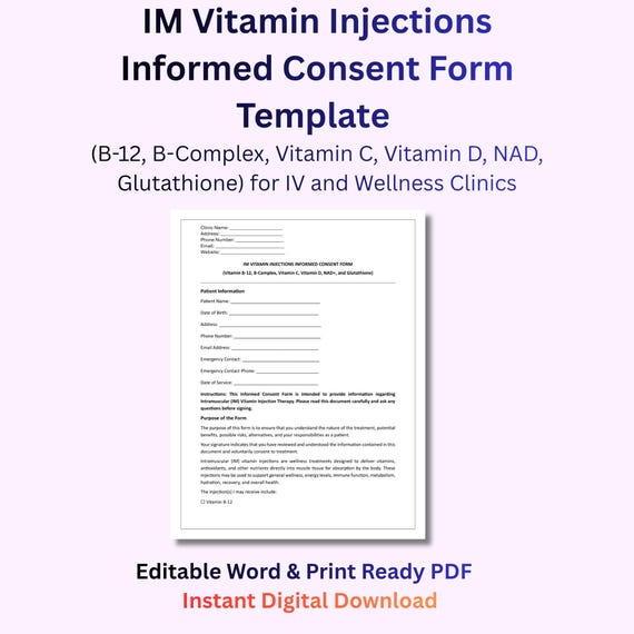 IM Vitamin Injections Informed Consent Form Template (B12, B-complex, C, D, NAD, Glutathione) (digital Download)