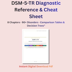 May include: A digital document titled DSM-5-TR Diagnostic Reference & Cheat Sheet featuring 8 chapters, 90+ disorders, comparison tables, and decision trees. The white page includes colour-coded diagnostic categories and clinical reference text.