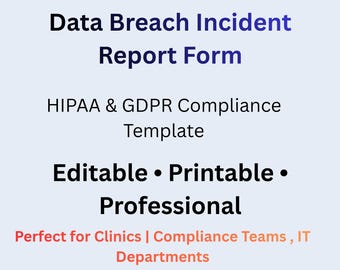 データ侵害インシデント報告書フォーム | HIPAA & GDPRコンプライアンステンプレート | プライバシーセキュリティインシデントドキュメント | 編集可能