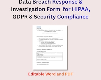 データ侵害対応・調査フォーム | セキュリティインシデントレポートテンプレート | HIPAA GDPRコンプライアンス対応編集可能PDF