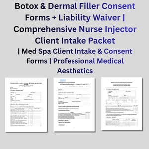 以下が含まれることがあります： 「Botox & Dermal Filler Consent Forms + Liability Waiver | Comprehensive Nurse Injector Client Intake Packet | Med Spa Client Intake & Consent Forms | Professional Medical Aesthetics」というテキストが書かれた3つの医療フォーム。フォームには、患者情報と病歴のアンケートが含まれています。