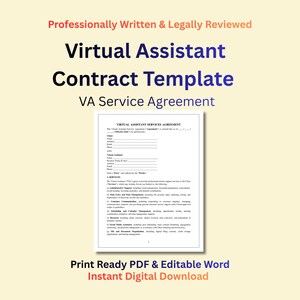 Könnte beinhalten: Ein digitaler Download mit einer Vorlage für einen Virtual Assistant-Vertrag. Das Dokument ist mit "VA Service Agreement" beschriftet und enthält Abschnitte für Kunden- und Virtual Assistant-Details. Der Text oben lautet "Professionally Written & Legally Reviewed."