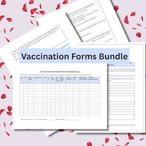 May include: A bundle of white vaccination forms with blue headers and text. The forms include a detailed log for vaccine administration, and questionnaires. Red flower petals are scattered around the forms.