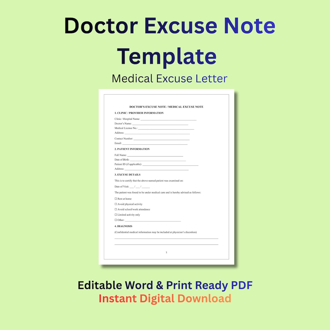 Doctor Excuse Note Template Medical Excuse Letter for Work & School ...
