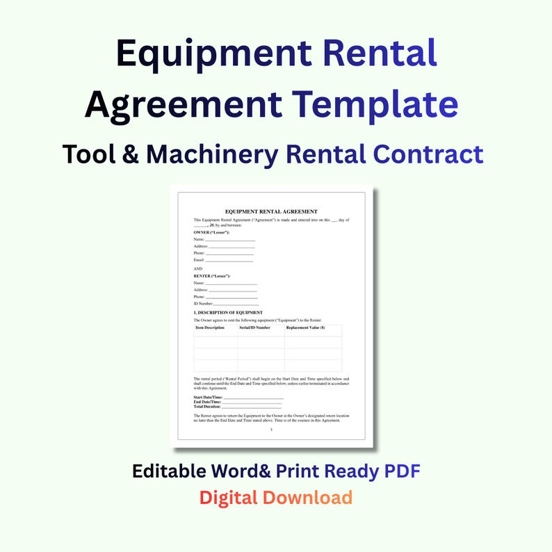 Equipment Rental Agreement Template | Tool & Machinery Rental Contract ...