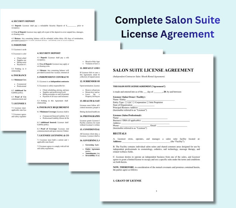 Salon Suite License Agreement Template Editable Word + PDF Etsy